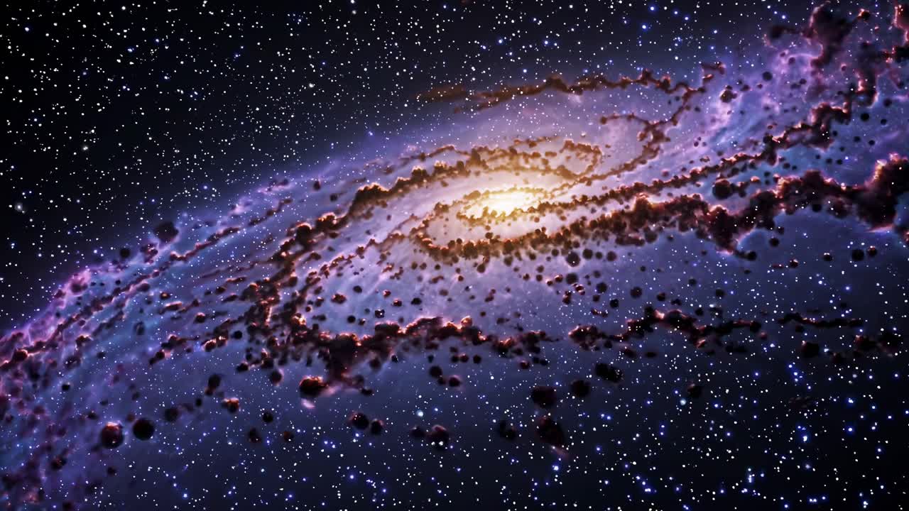 En fascinerende kosmisk spiralgalakse med levende lilla nuancer, optaget fra et vidvinkelperspektiv.