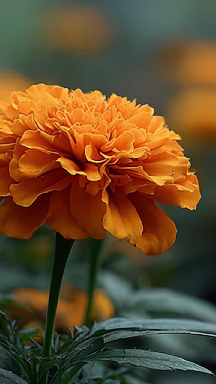 Fiore di Calendula Arancione Vibrante Catturato con Dettagli Mozzafiato, che Mette in Mostra Foglie Verdi Lussureggianti e la Bellezza Naturale dell'Eleganza Floreale in un Contesto di Giardino