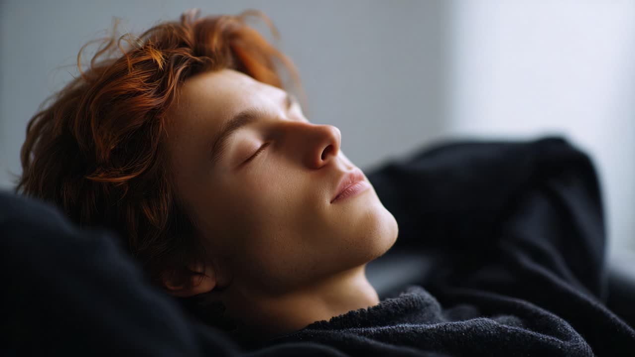 En ung mand med rødt hår slapper fredfyldt af i hyggelige omgivelser med lukkede øjne, udstrålende ro og sindsro i naturligt lys og bløde tekstiler.