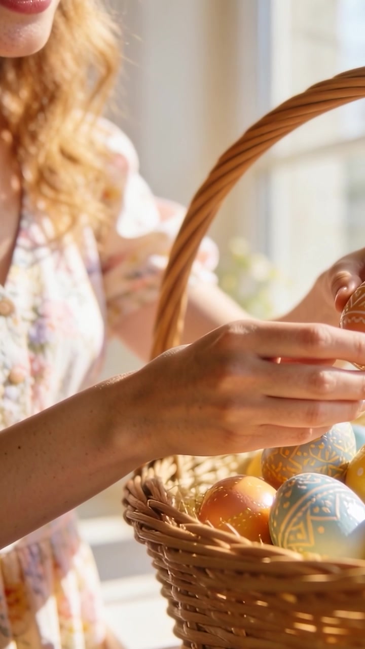 Vertical video: Smiling woman in floral dress picking painted egg by window, preparing woven basket