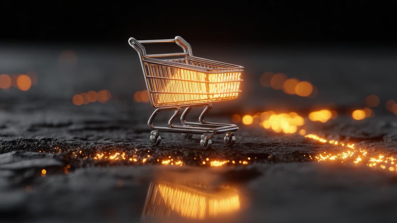 Carrello della spesa illuminato su superficie texturizzata con elementi luminosi catturati in uno straordinario contrasto visivo, che mostra l'estetica e il design del retail moderno.