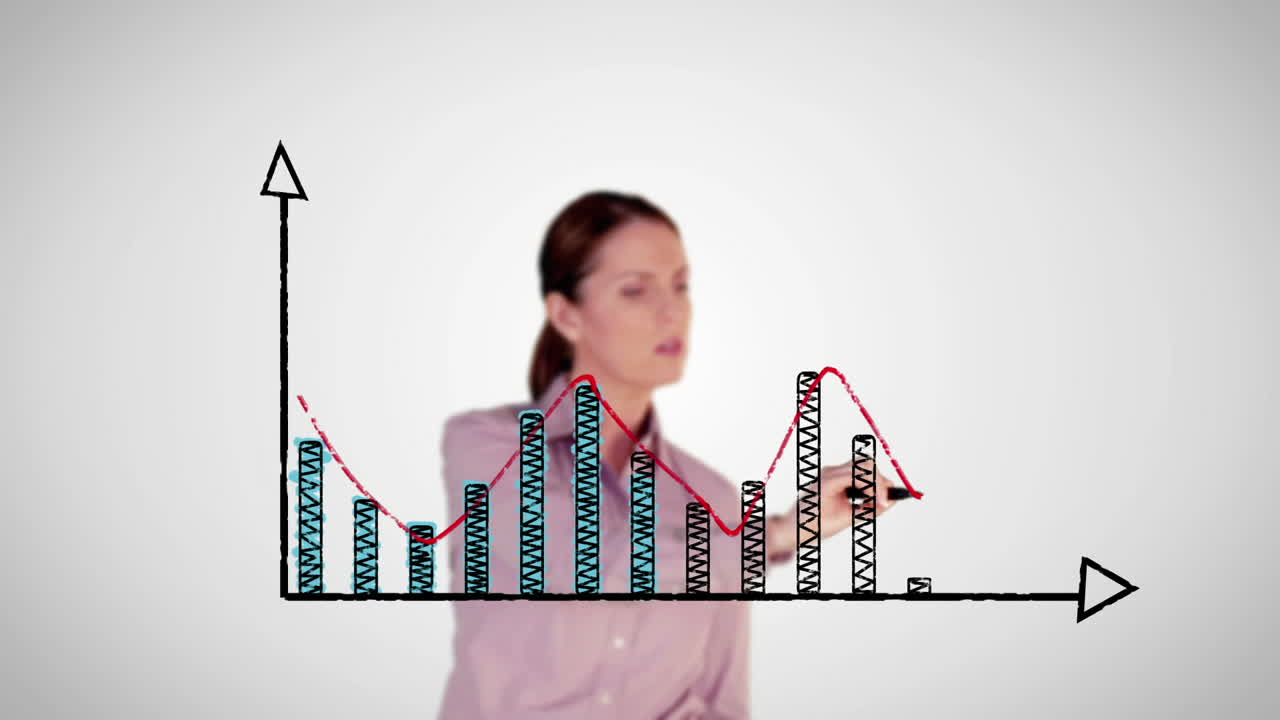 행복한 사업가 여성이  바탕에 홀로그램 그래프를 그리고 있습니다.