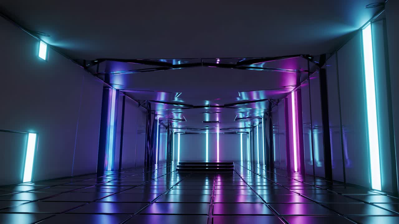 Futuristic Neon Corridor with Reflective Surfaces