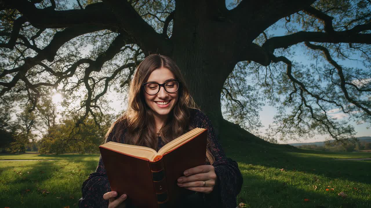 Opening book woman wearing dark top and glasses reading for leisure under tree at park, smiling