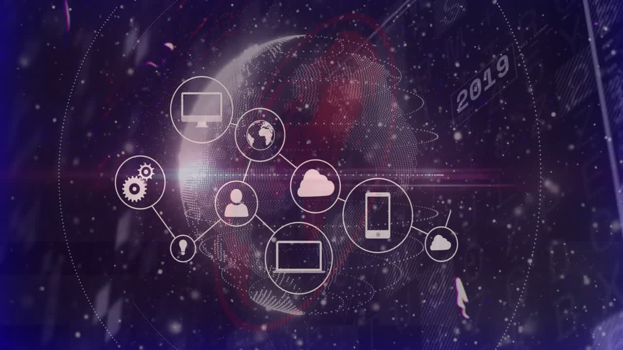 Digital network connections and data processing animation over globe background