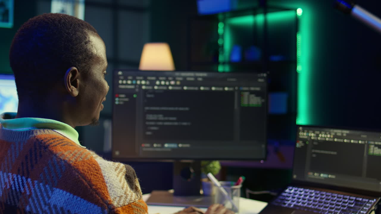 Man coding on computer at night