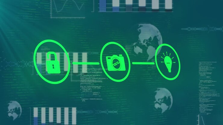 Animation of network of digital icons over data processing