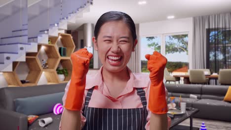 happy woman celebrating a successful cleaning