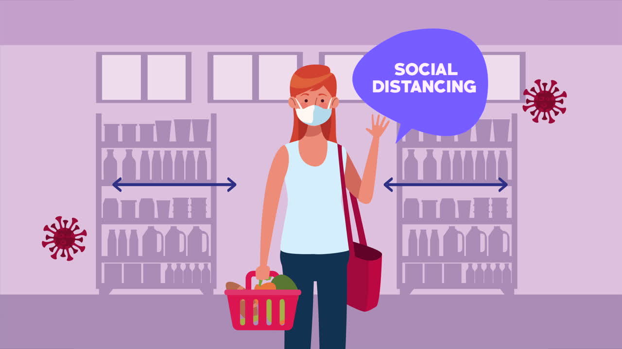 슈퍼마켓 여성 고객과의 사회적 거리 두기 캠페인