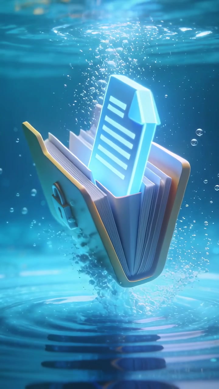 Cartella di documenti che sale sott'acqua, bolle che spingono un documento luminoso sopra le pagine, lucchetto visibile.