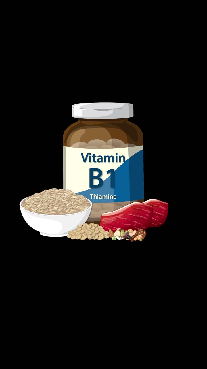 Vitamin B1 supplement bottle appears with rice, meat, grains on black background, smooth transitions