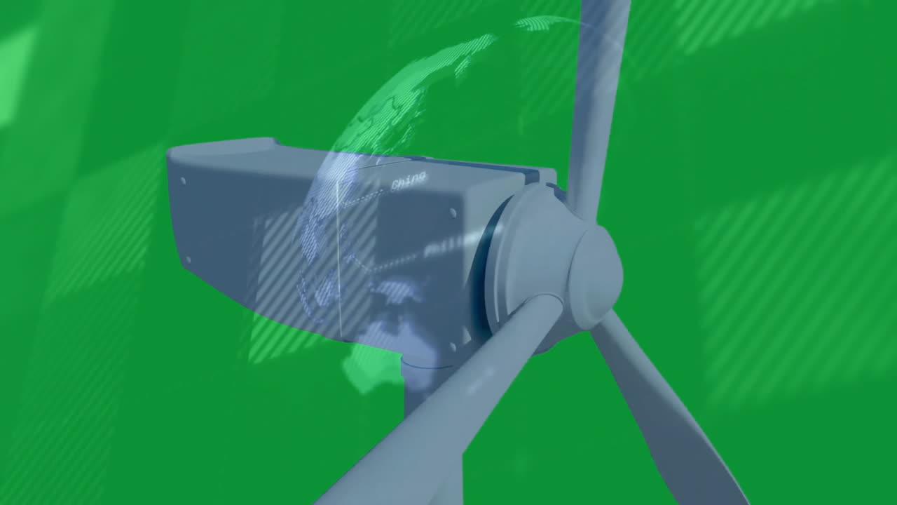 Wind turbine nacelle and rotor hub being displayed in flat design close-up, showing two blades