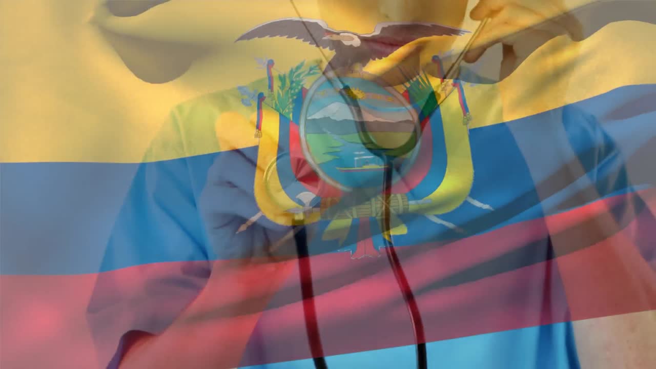 에 ⁇ 도르  ⁇ 발이 흔들리는 디지털 구성 백인 여성 의료 종사자 스테토스코프를 들고