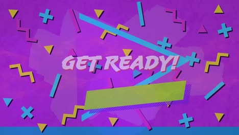 digital animation of get ready text banner with l abstract shapes against purple background