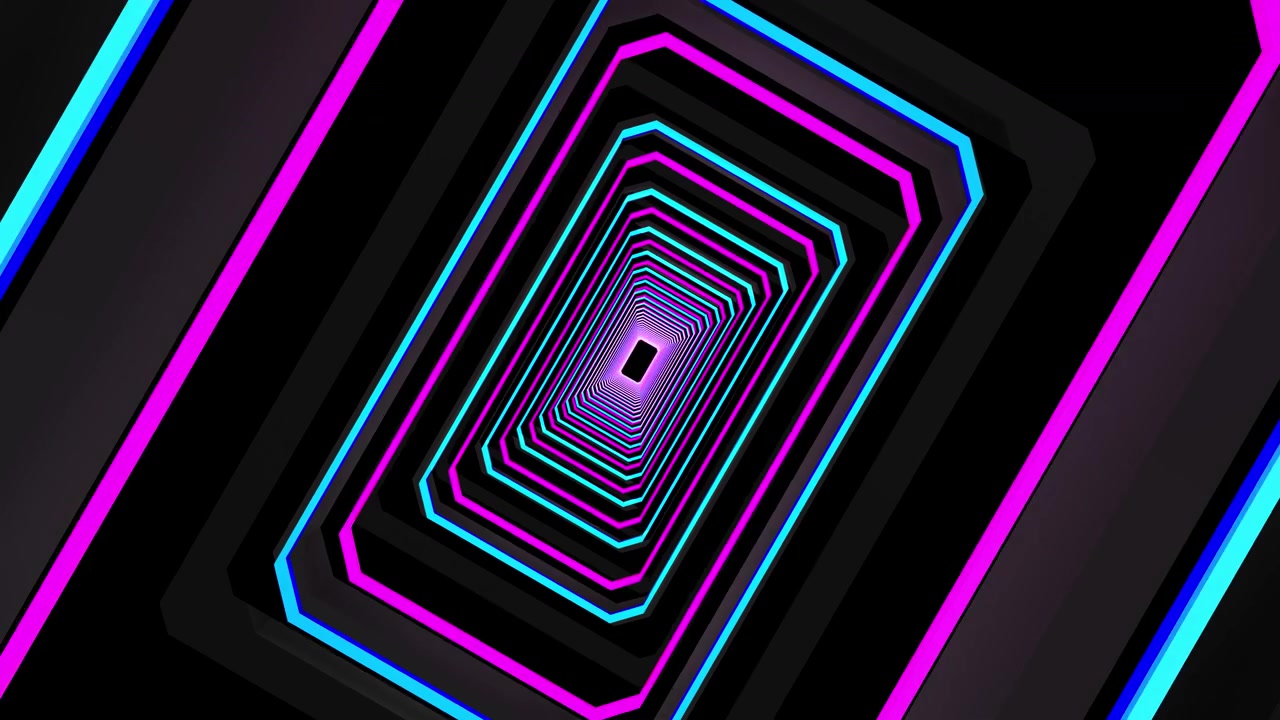 Pink geometric vortex corridor visual with bright neon polygon frames deep black center and fast