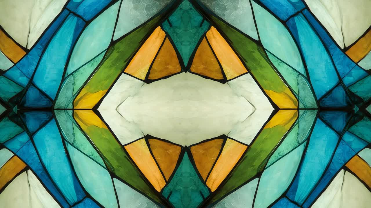 Starting playback symmetrical kaleidoscopic pattern staying constant onscreen, with glass shapes