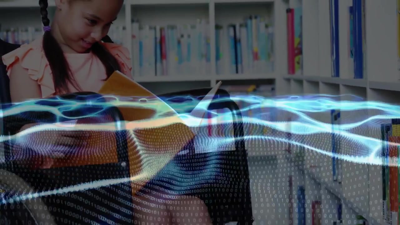 camera pulling back revealing kid in wheelchair reading in library for learning with data waveform