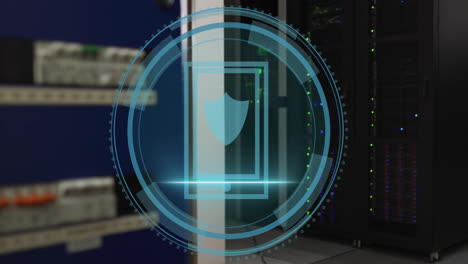 animation of shield icon and digital data processing over computer servers