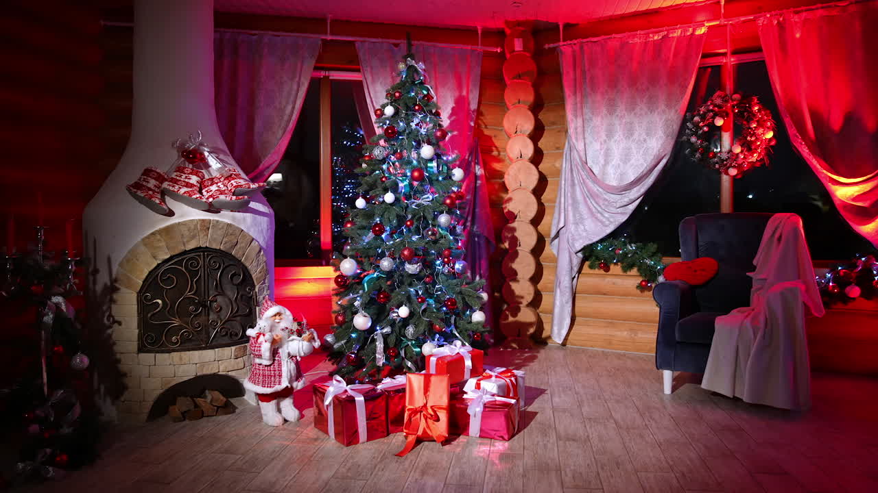 Room with christmas interior decoration. Christmas tree decorations in the room at night