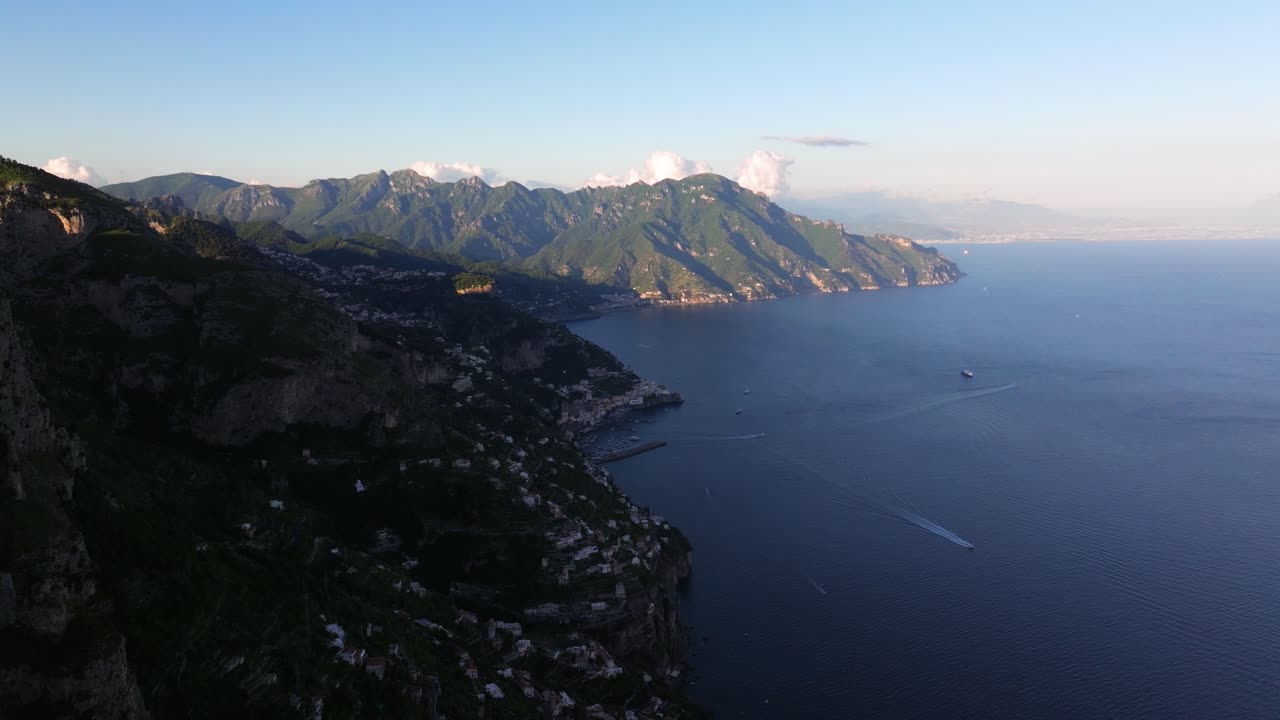 Panoramic View of the Amalfi Coast with Mountains and Boats