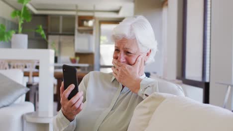 Mujer-Mayor-Teniendo-Un-Video-Chat-En-Un-Teléfono-Inteligente-Mientras-Está-Sentada-En-El-Sofá-En-Casa