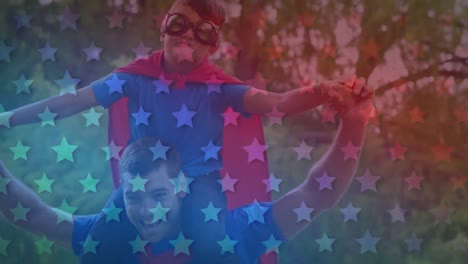 animación de estrellas azules y rojas cambiando de color sobre un hombre caucásico y su hijo jugando.