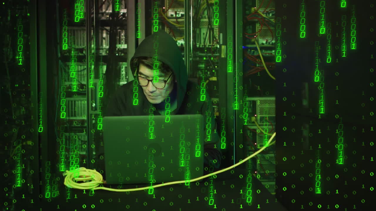 Hooded person using laptop over green binary code animation in server room