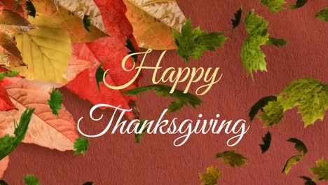 Animation-of-happy-thanksgiving-text-banner-and-autumn-leaves-floating-against-pink-background