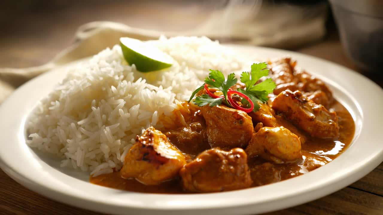 Primo piano di un video di un curry di pollo speziato con riso, guarnito con erbe e lime
