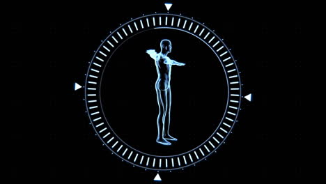 animación de un círculo giratorio con un cuerpo humano en el interior y un telescopio parpadeante que se mueve sobre un fondo negro