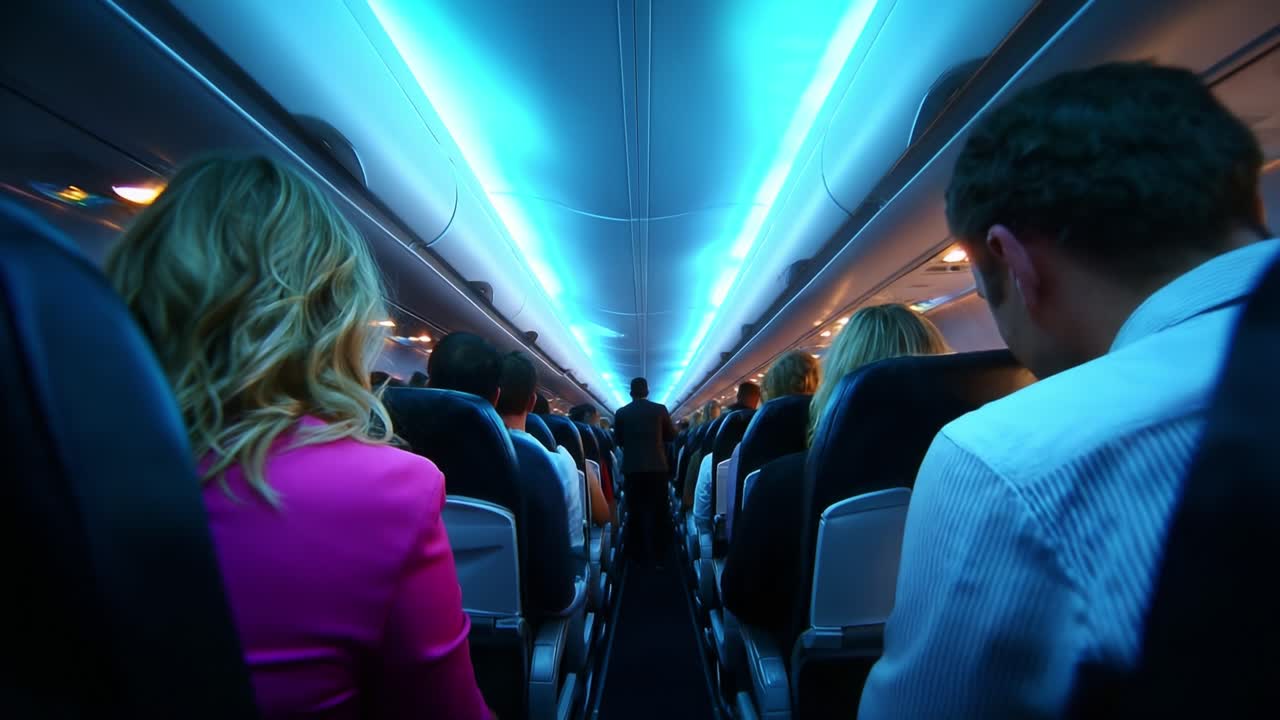 Capturing the Atmosphere Inside a Modern Airplane, Showcasing Passengers Relaxing in Their Seats While Illuminated by Soft Blue Lighting, Creating a Unique Travel Experience during Flight