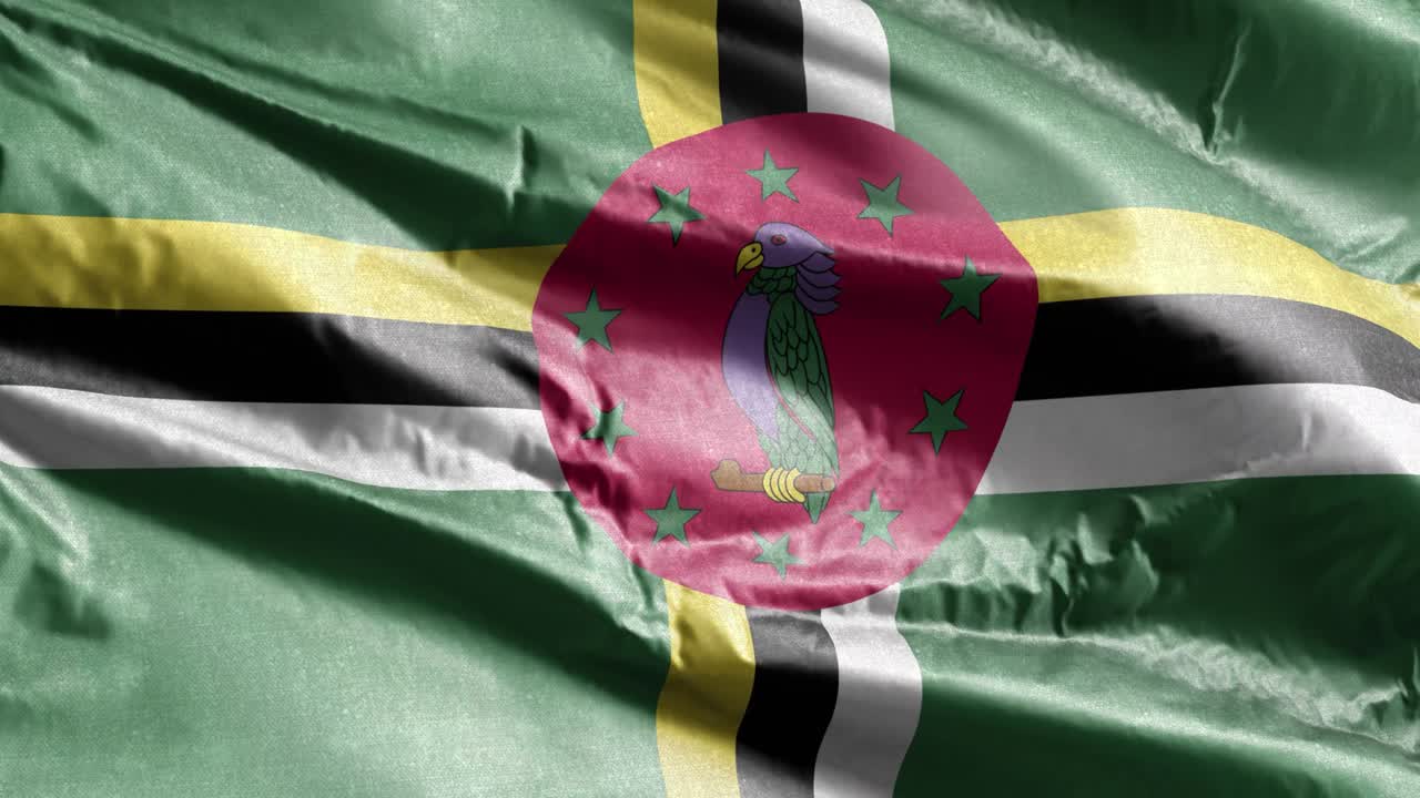 bandera textil de dominica agitando lentamente en el bucle del viento. bandera de dominica balanceándose suavemente en la brisa. tejido textil de tela. fondo de relleno completo. bucle de 20 segundos.