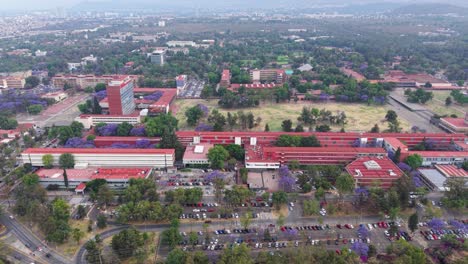 flying above university campus, with spring jacaranda trees, cdmx
