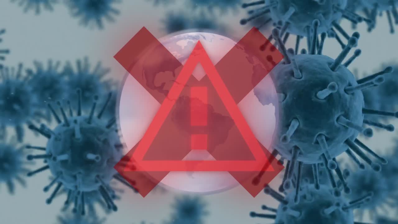 cruz roja y señal de atención sobre el globo girando contra las células de covid-19 que se mueven