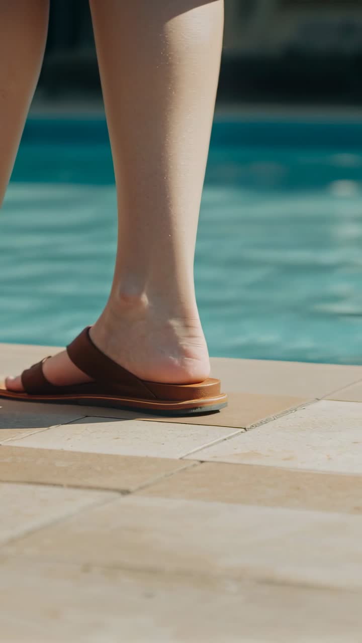 Una donna che cammina solleva il tallone sinistro, facendo scivolare il piede da sandali marroni su un bordo piscina piastrellato, con acqua blu.