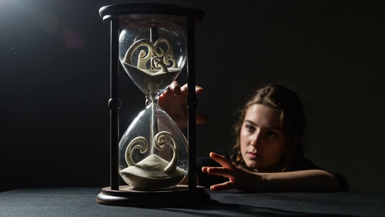 A Contemplative Moment: The Subtle Interplay Between Time and Existence Captured in a Young Woman's Fascination with an Hourglass