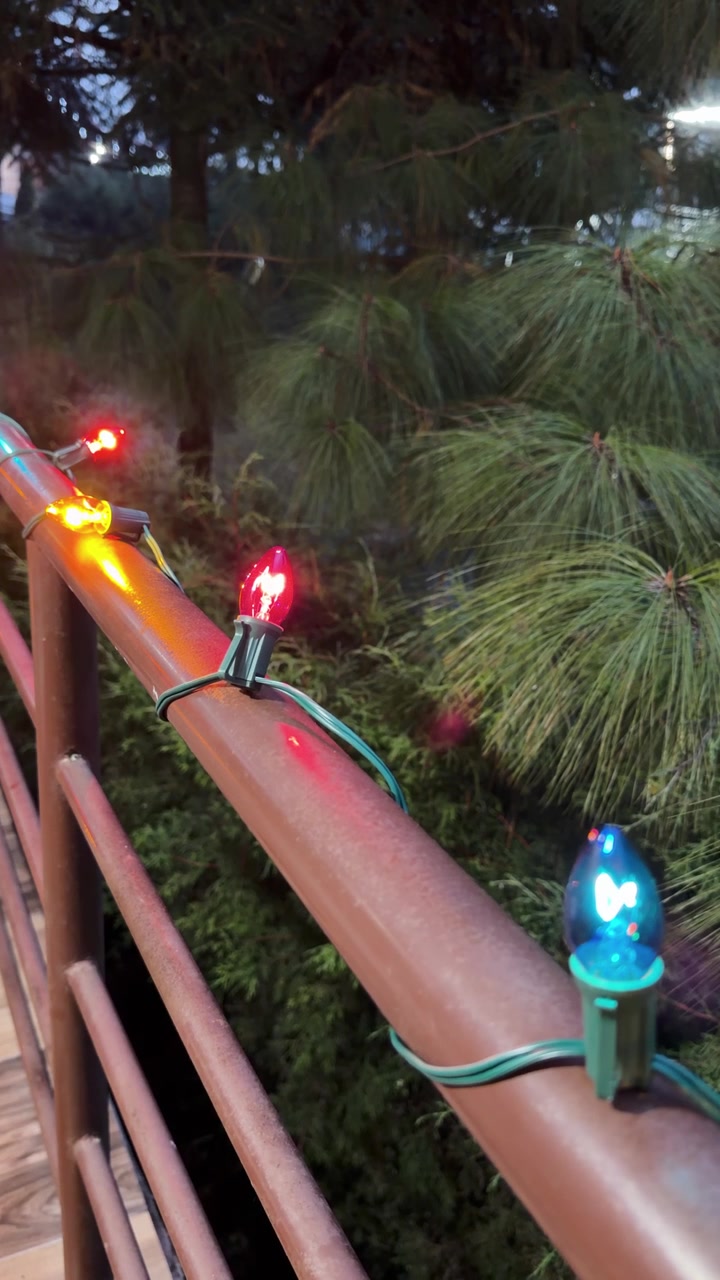 Festive string of colorful Christmas lights wrapped around outdoor railing by pine trees