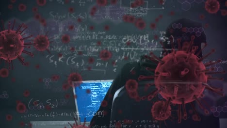 Animation-of-a-hacker-hooded-man-over-macro-coronavirus-COVID-19-cells-floating-and-formulas