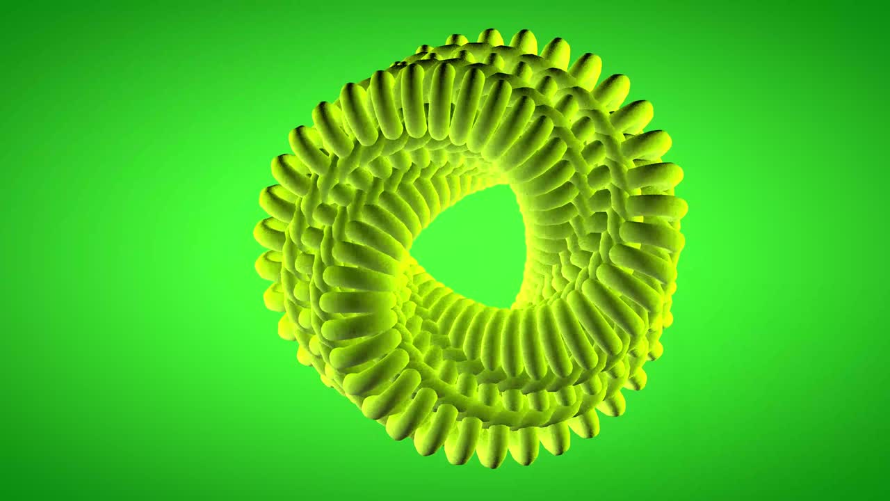 animación de bucle abstracto en 3d de una espiral retorcida hecha de toroides de hierba fluorescente mate con fondo de gradiente verde cielo.