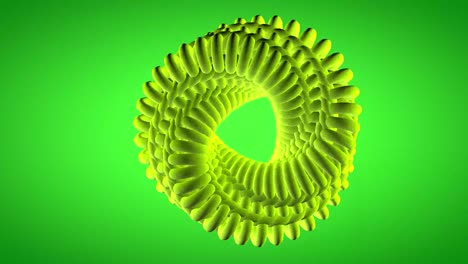 3d abstract looping  animation of a twisted spiral made of torus of matt fluorescent grass with sky green gradient background.