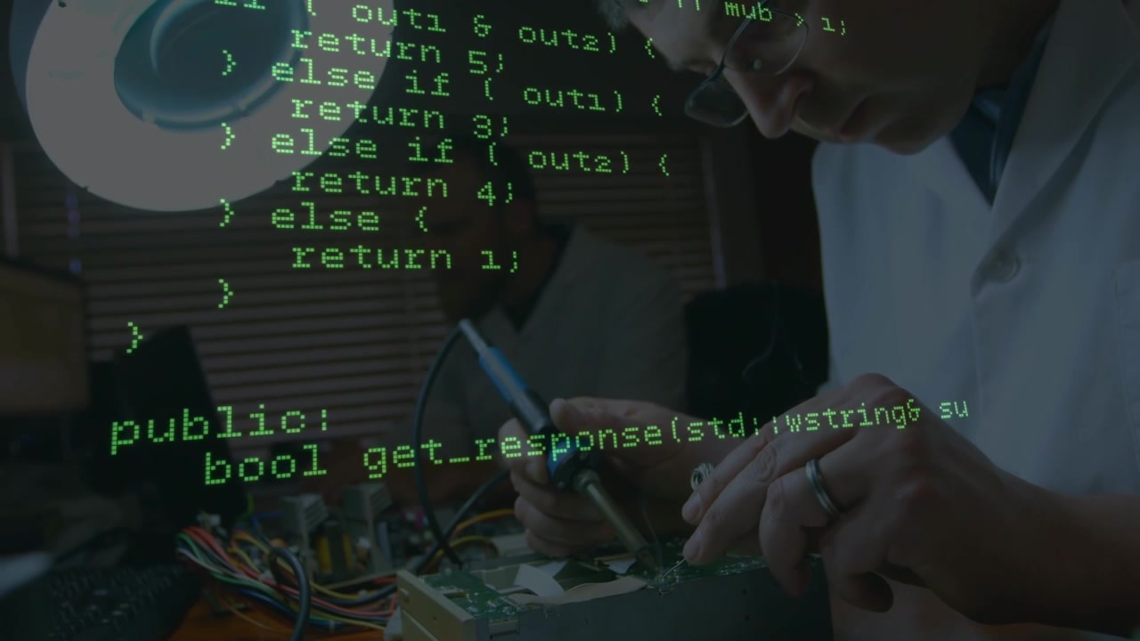 Animation of data processing over hands of caucasian male engineer during work
