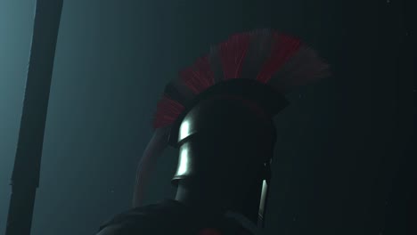 ancient greek warrior hoplite standing inside a dark space, with volumetric light behind him and dust particles floating, 3d animation, closer view, camera zoom out