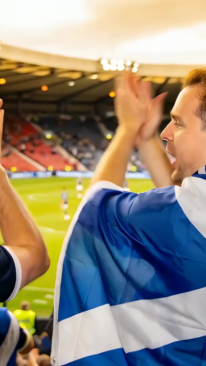 Video verticale: Tifoso che applaude con la bandiera scozzese sulla divisa, che reagisce al gioco in tribuna coperta, con spazio per il testo.