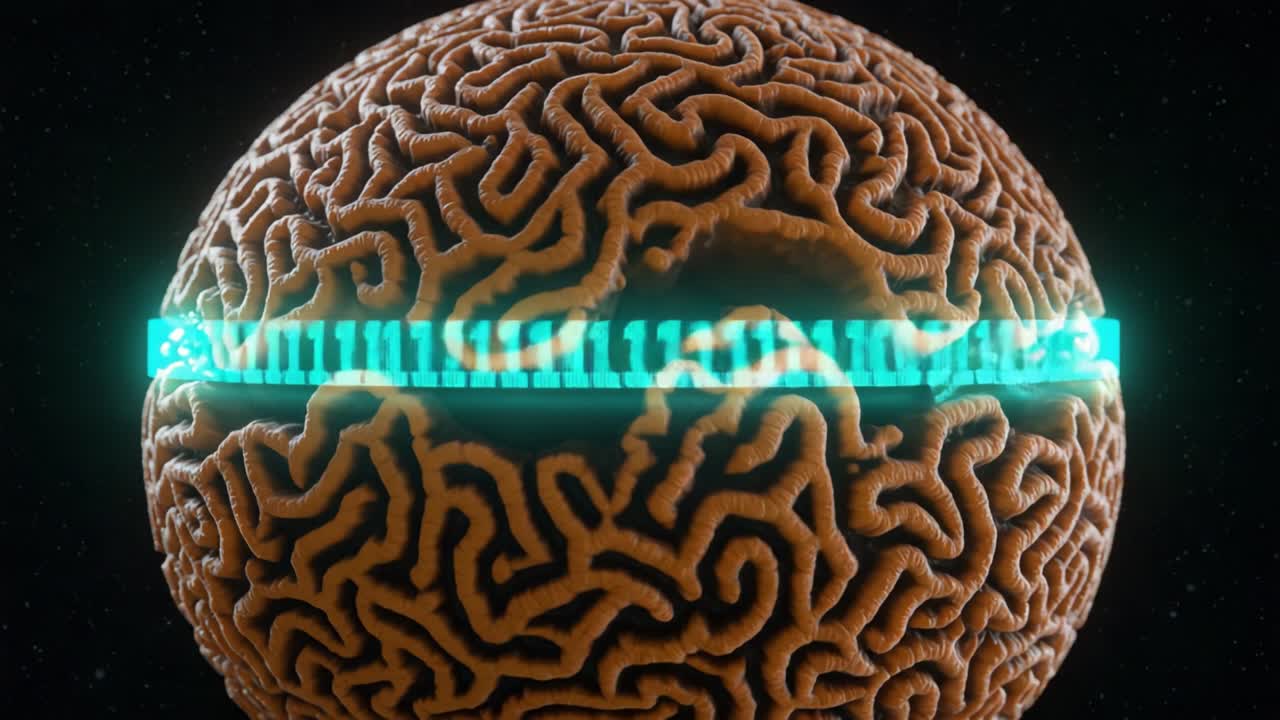 A captivating visual representation of a brain-like sphere intertwined with vibrant binary code, symbolizing the intersection of neuroscience and technology, inviting exploration and curiosity