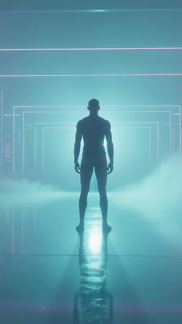 Vertical video: Fog starting man in suit posing center in set backlit LED frame pulsing for filming