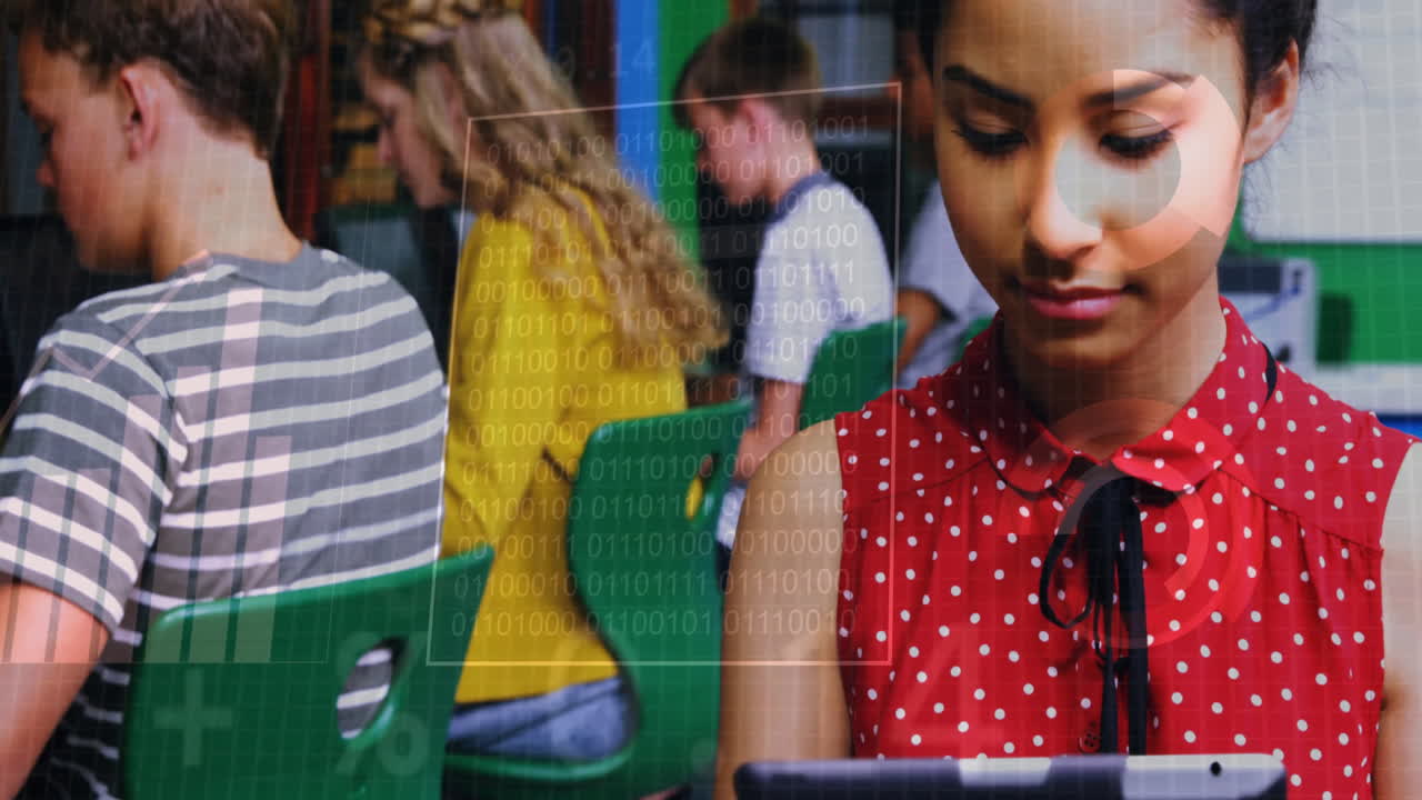 animación de código binario sobre estudiantes que estudian en el aula