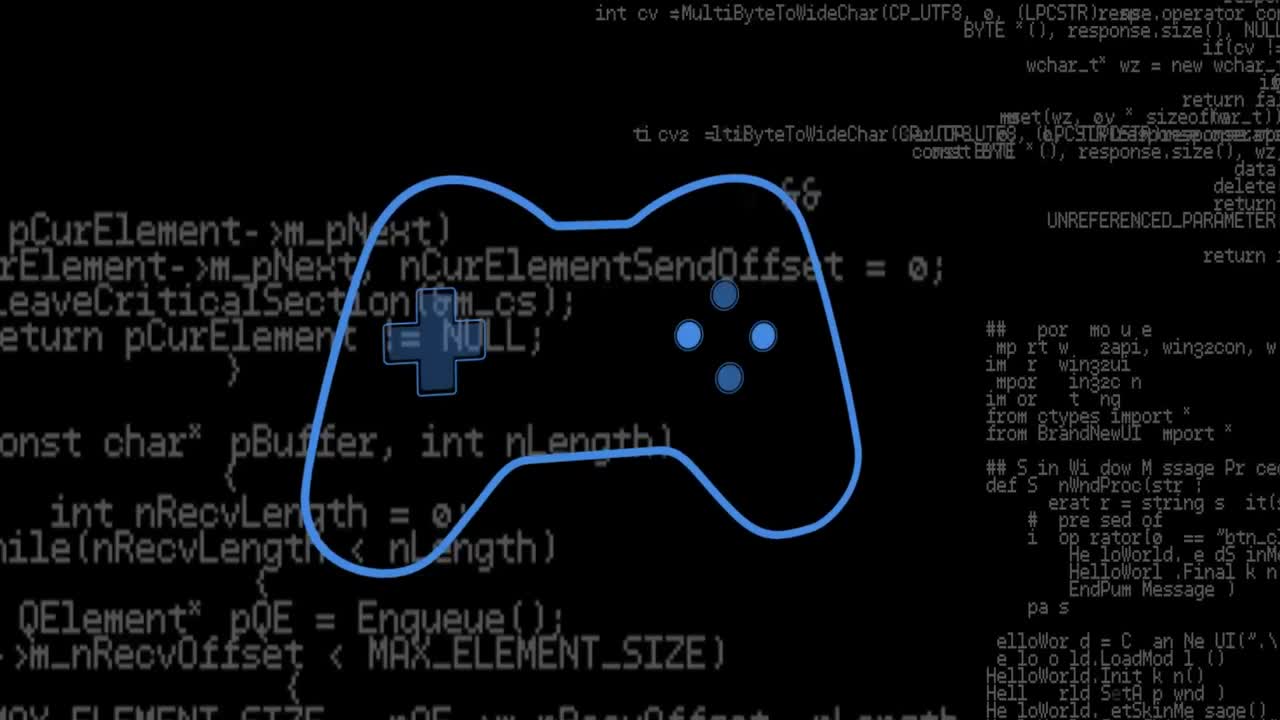 검은색 배경에 데이터 처리에 대한 게임 패드의 애니메이션
