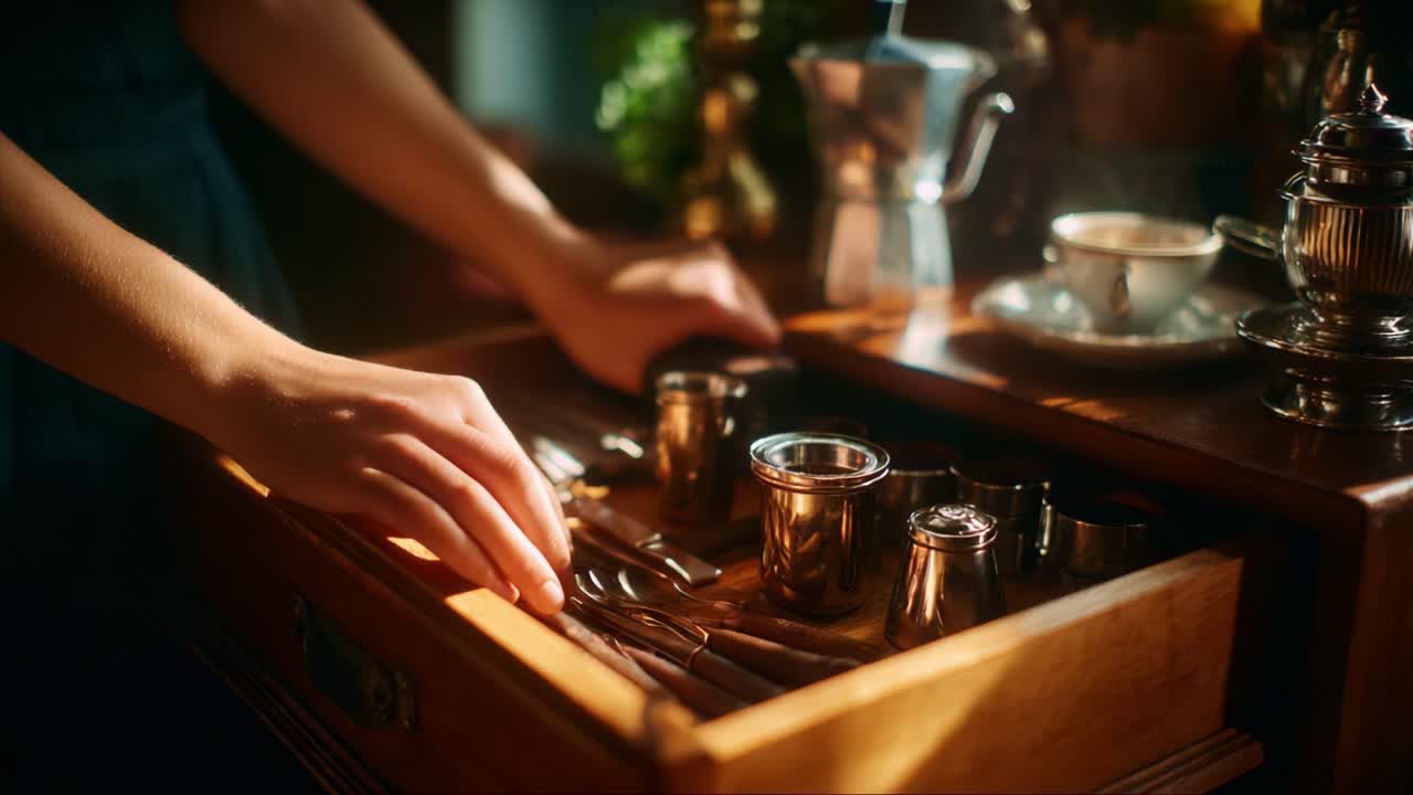 A Person Organizing Kitchen Cutlery and Utensils in a Wooden Drawer with Coffee Equipment Nearby, Creating a Cozy Culinary Environment for Cooking