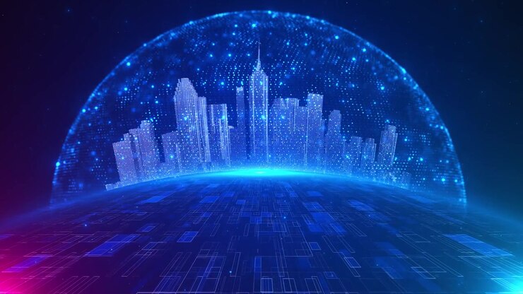 Glowing skyscrapers rise beneath digital dome grid futuristic smart city visualization artificial