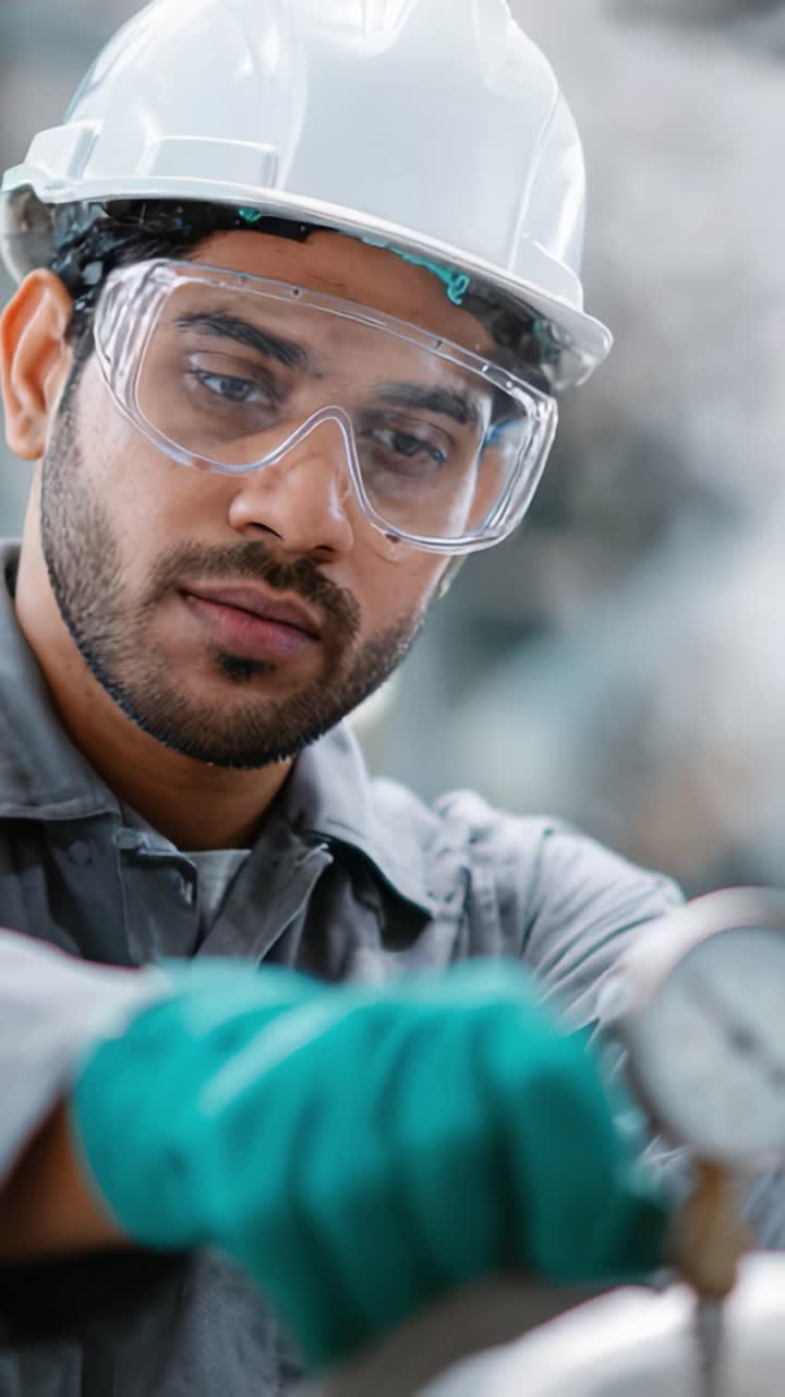 Focused Worker in Safety Gear Checks Equipment with Precision for Quality Assurance in Industrial Environment, Showcasing Commitment to Safety Standards and Efficiency